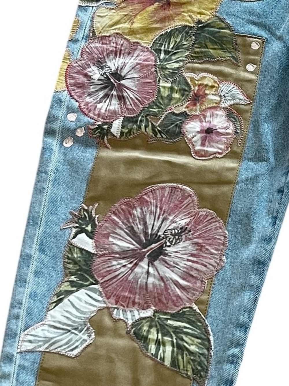 NEW blue b Light Wash Flora Floral Patchwork Hibiscus Pink Poppy Denim Jeans - Picture 4 of 6